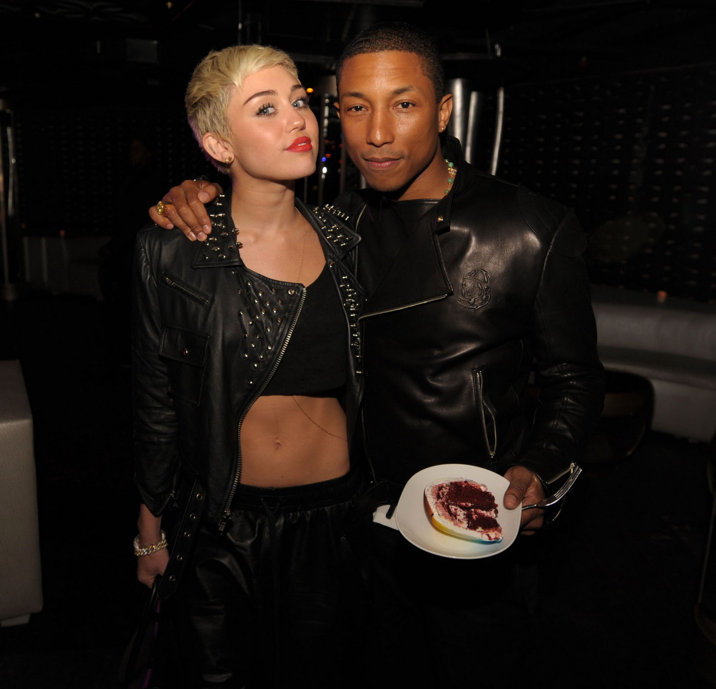 Miley Cyrus wears black belly top and leather shorts at Pharrell Williams's birt #75236178