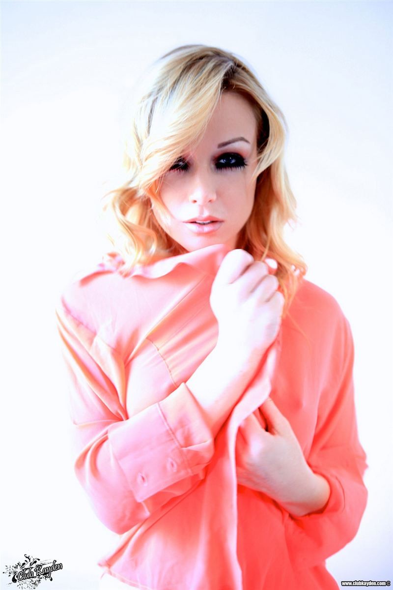 Kayden Kross poses in a red button up shirt and shows tits #73586084