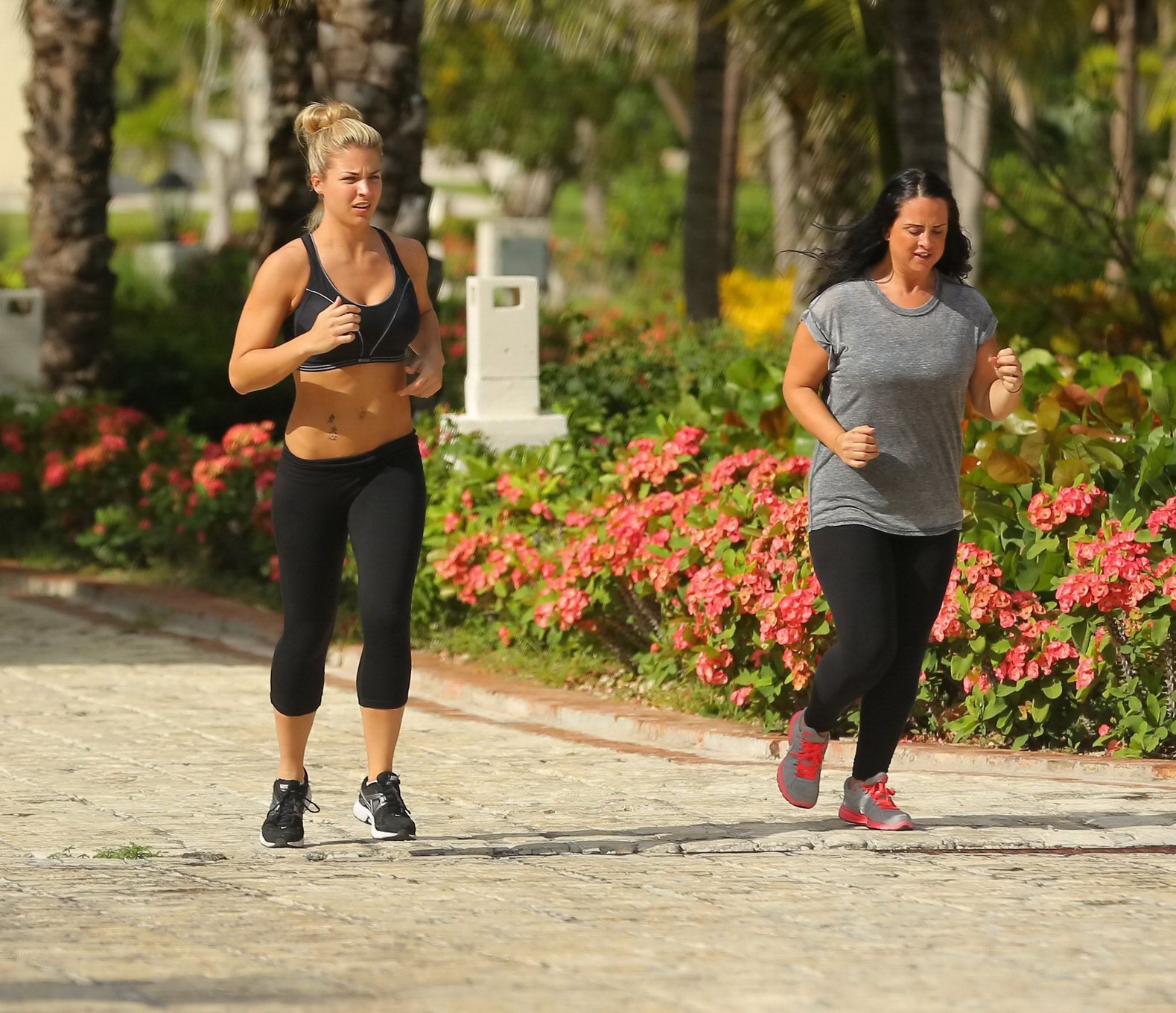 Gemma Atkinson busty and booty in black sports bra and tights during morning jog #75195238