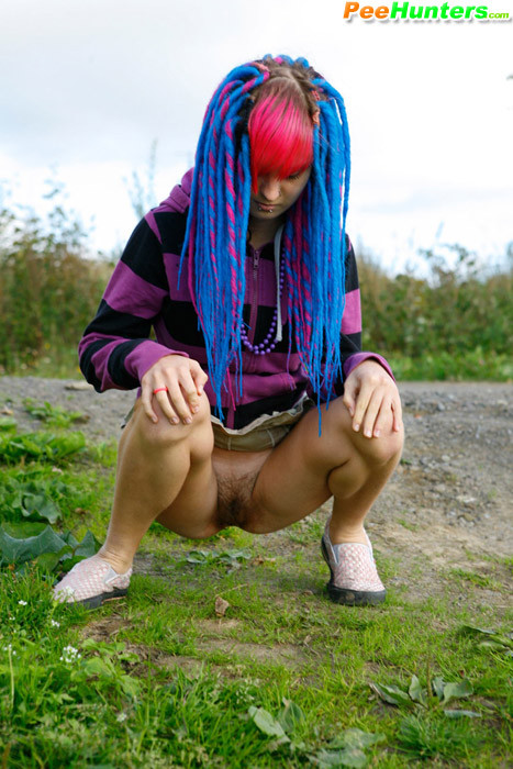 Naughty teen with a pink and blue hair caught peeing #78690531