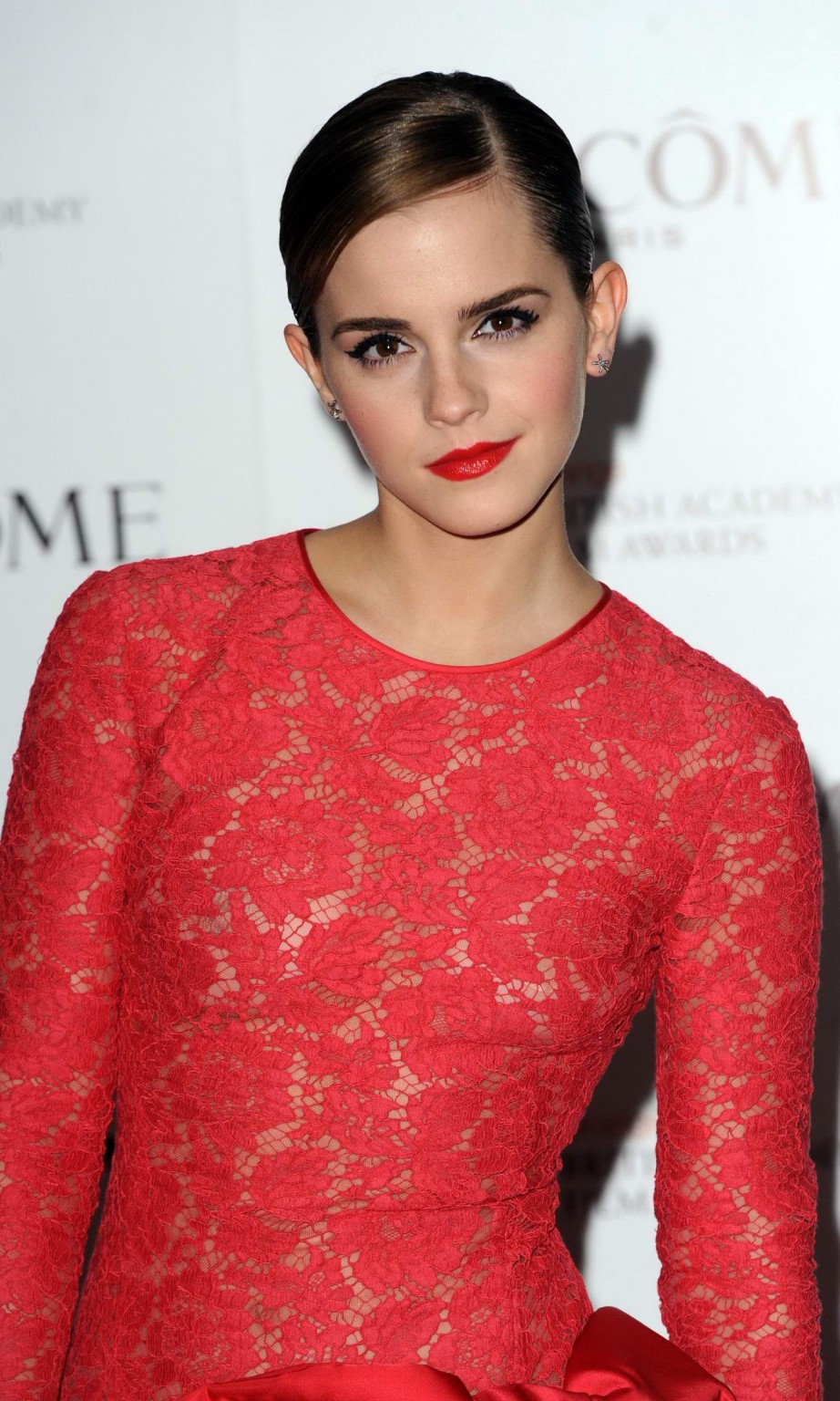 Emma Watson braless wearing red see through lace dress at pre-BAFTA 2012 party #75274505