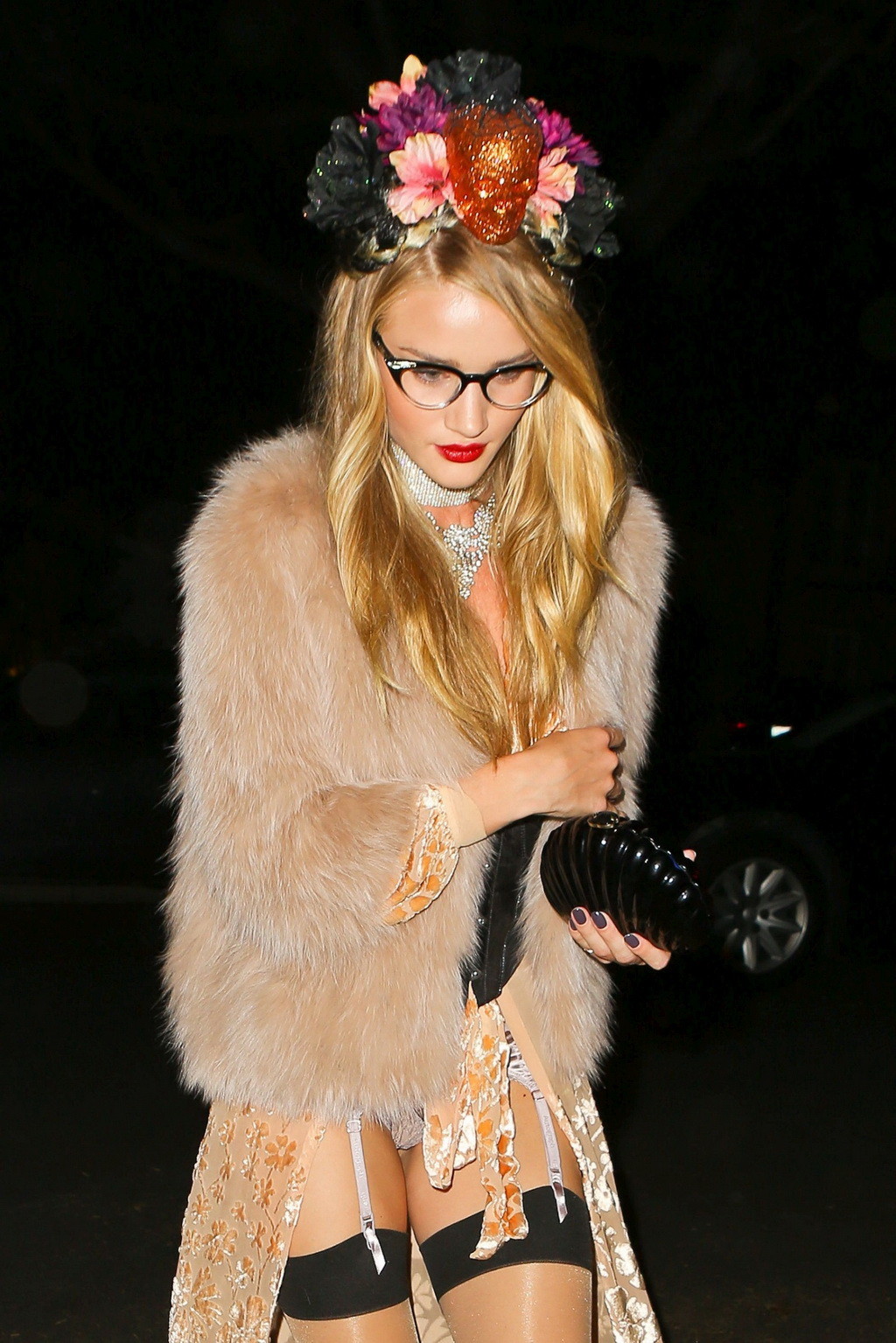 Rosie Huntington Whiteley wearing hot lingerie and stockings at Halloween party  #75249544