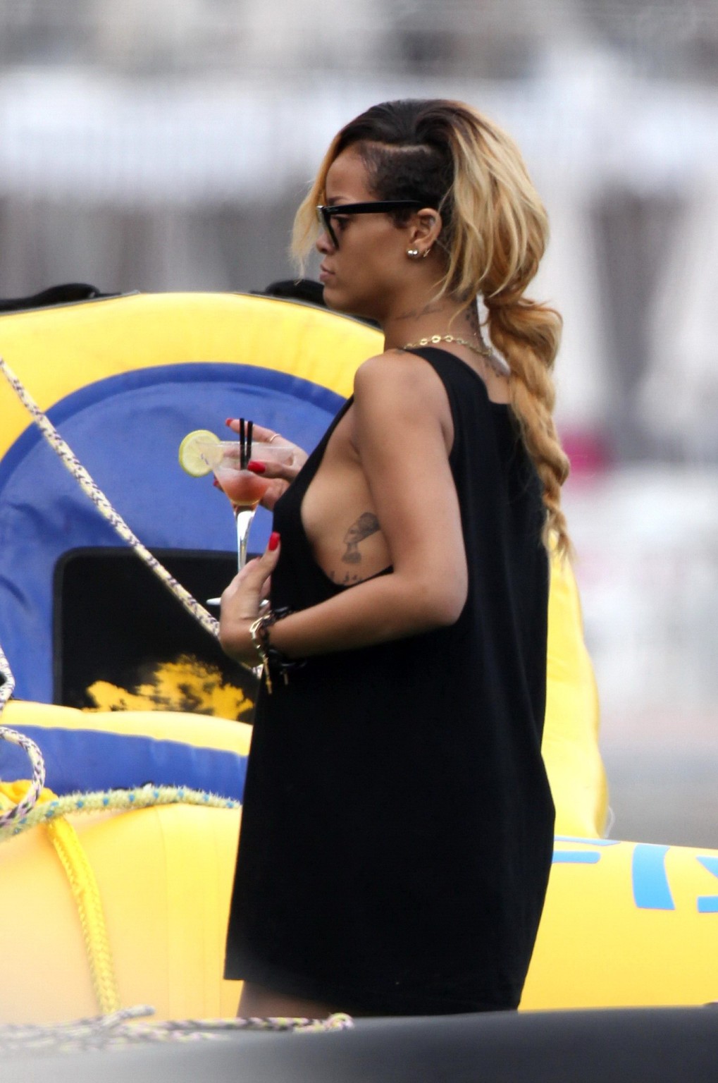 Rihanna wearing a bikini bottom  a see through top on a boat in Monaco #75224876