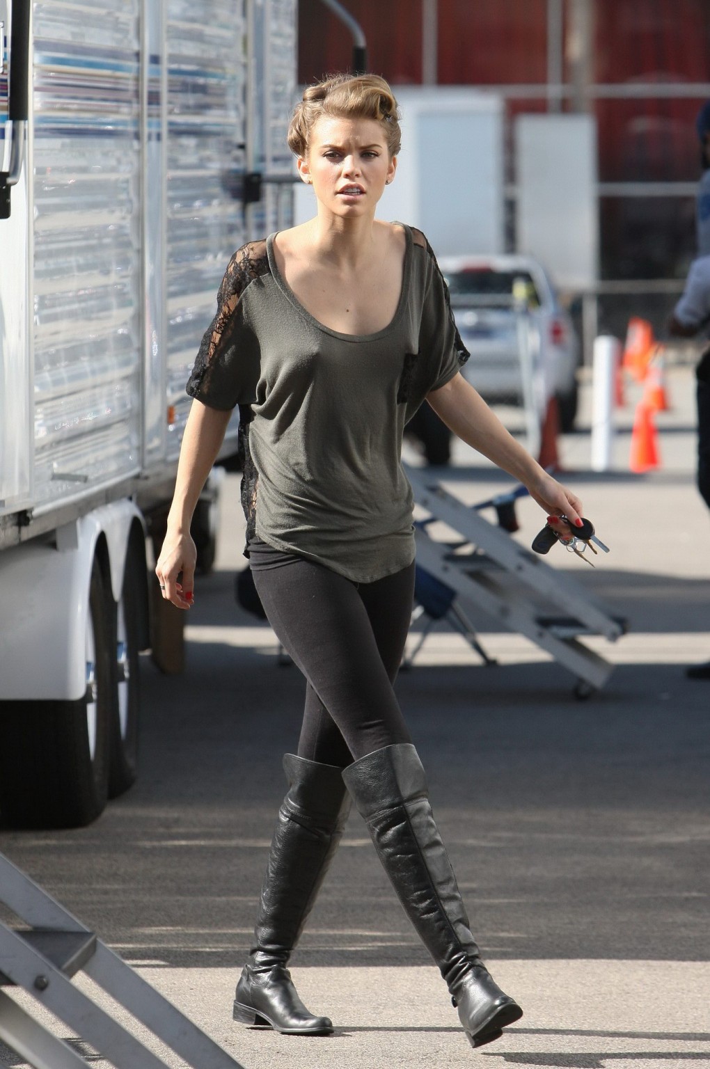 AnnaLynne McCord braless wearing see through top on the '90210' set in LA #75281585