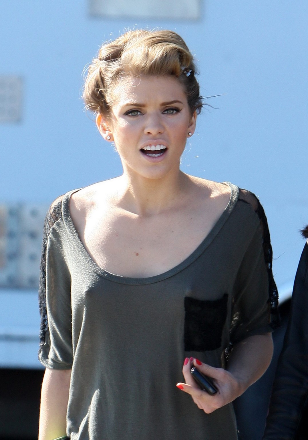 AnnaLynne McCord braless wearing see through top on the '90210' set in LA #75281636