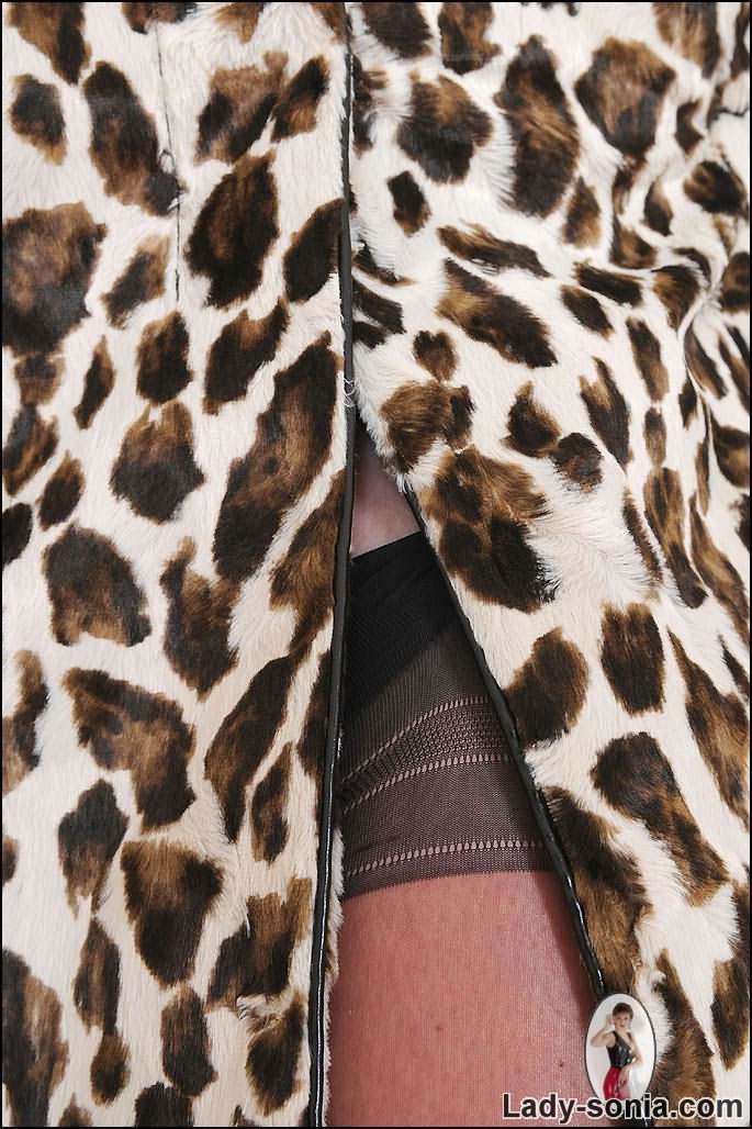 Vollbusige Dame trägt Leopardenmantel und Strümpfe
 #78501220