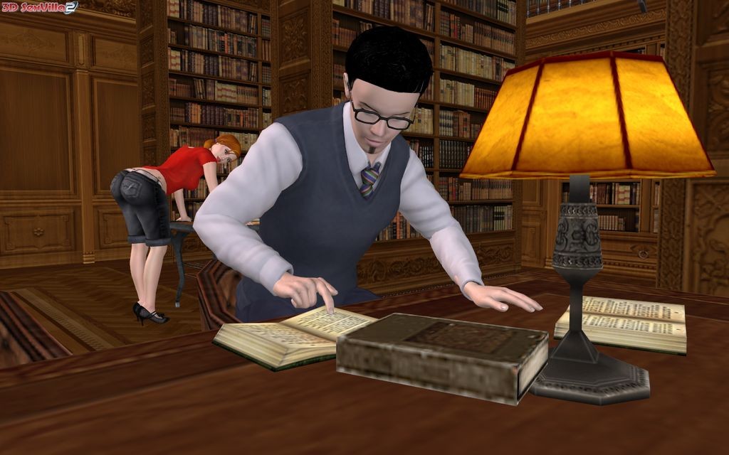 3d-animierte Schlampe verführt einen Nerd in einer Bibliothek
 #69479473
