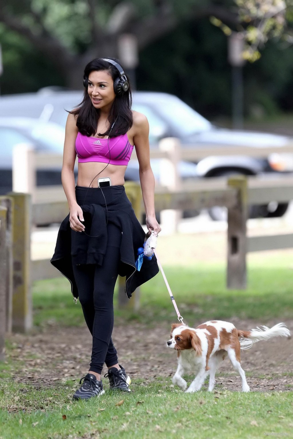 Naya Rivera wearing sports bra and tights while walking her dog at Griffith Park #75211194