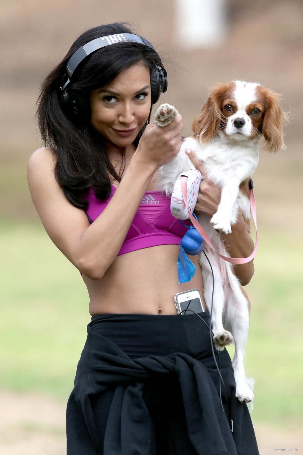 Naya Rivera wearing sports bra and tights while walking her dog at Griffith Park #75211199