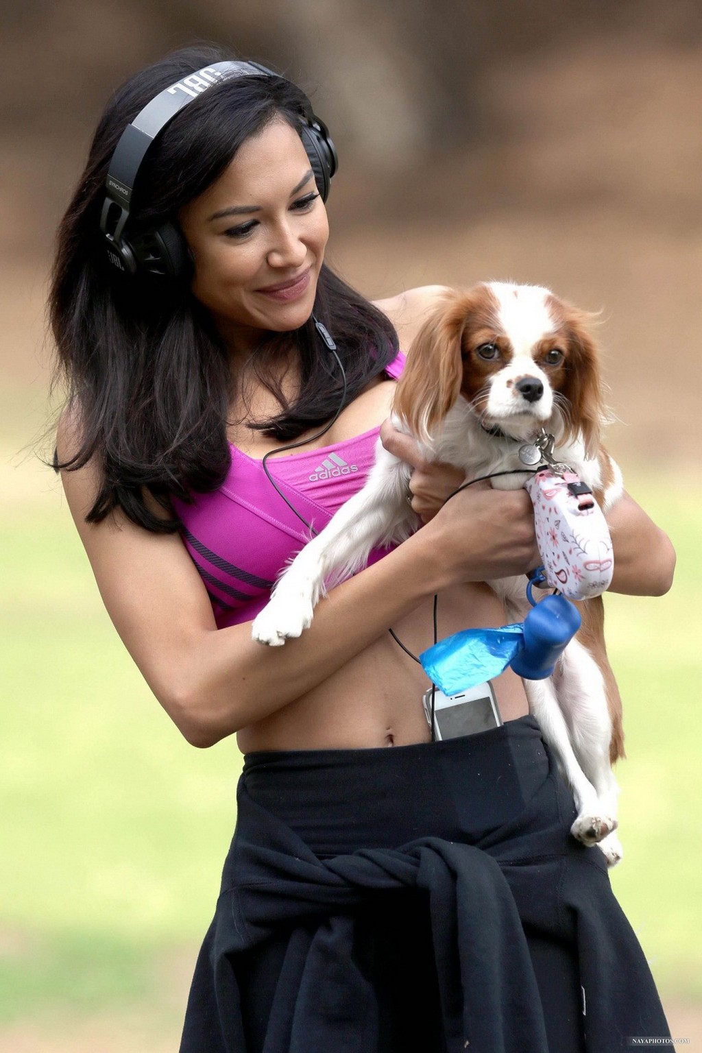 Naya Rivera wearing sports bra and tights while walking her dog at Griffith Park #75211207