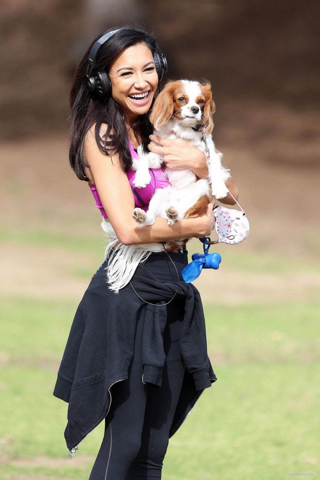 Naya Rivera wearing sports bra and tights while walking her dog at Griffith Park #75211235