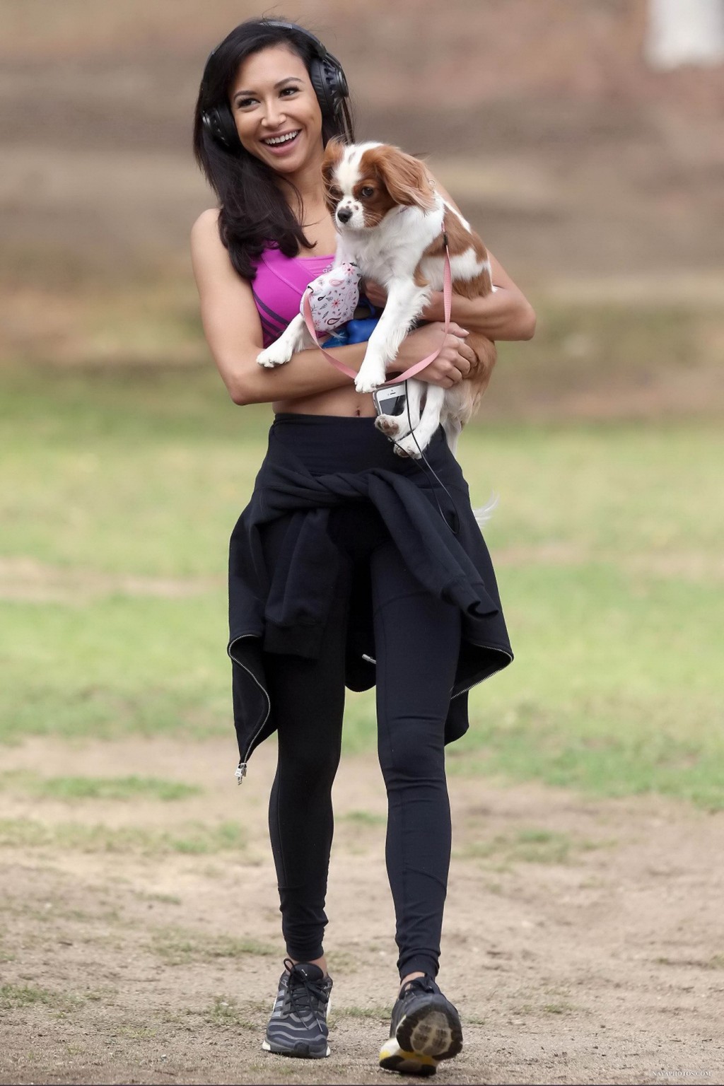 Naya Rivera wearing sports bra and tights while walking her dog at Griffith Park #75211238