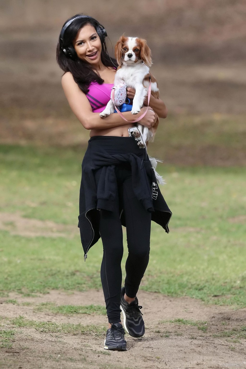 Naya Rivera wearing sports bra and tights while walking her dog at Griffith Park #75211241