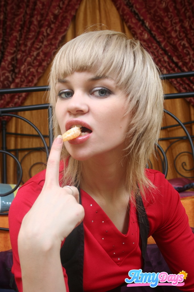 Skinny teen schoolgirl eating fruit #77773762