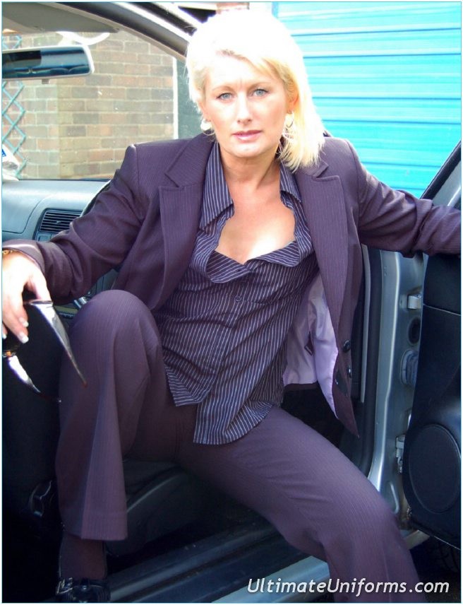 Businiss blonde in womans suit showing pantyhose toying #67498431