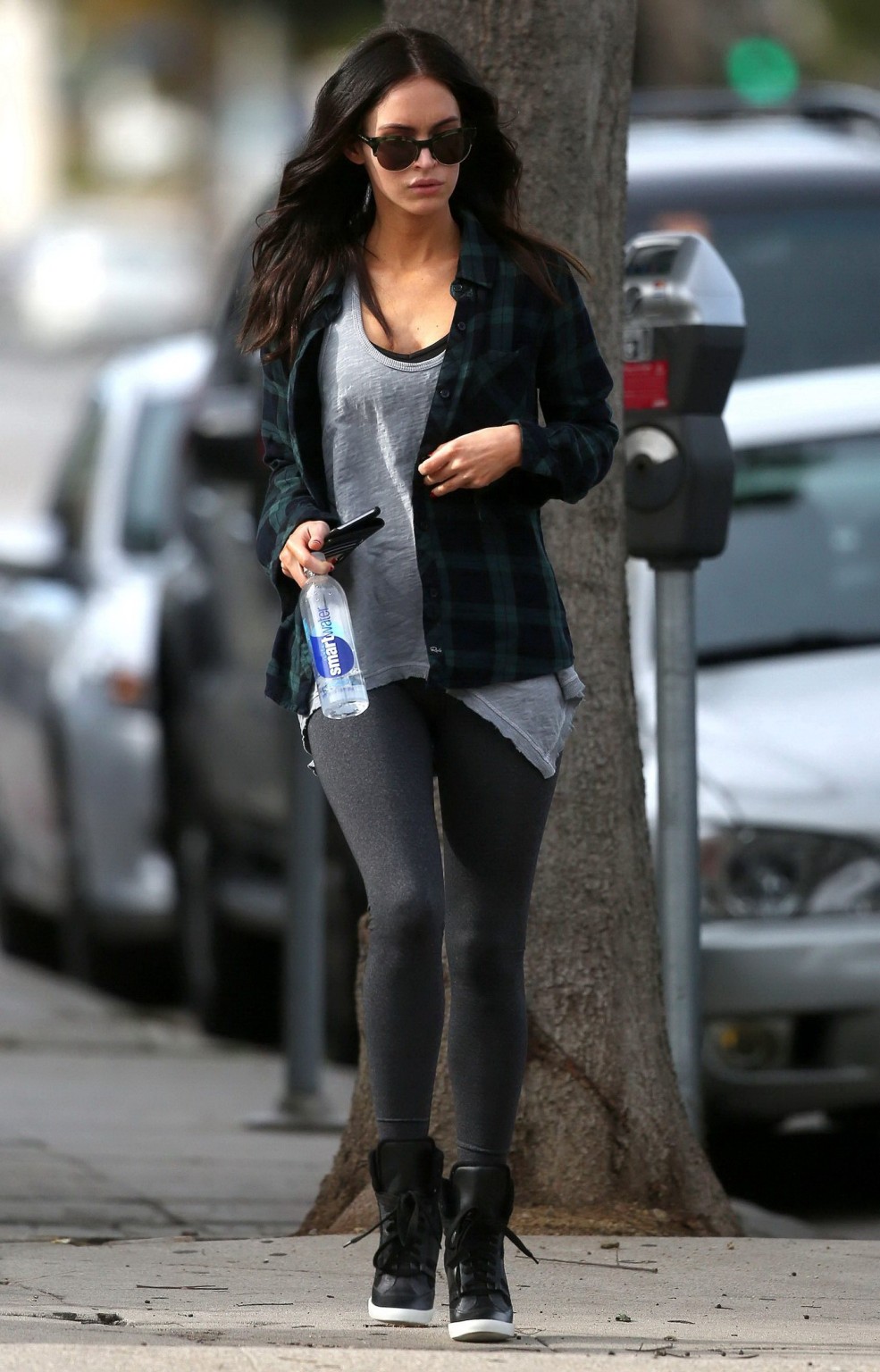 Megan Fox leggy wearing gray tights out in LA