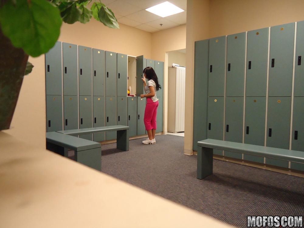 Nice younger brunette fucking a voyeur in the locker room