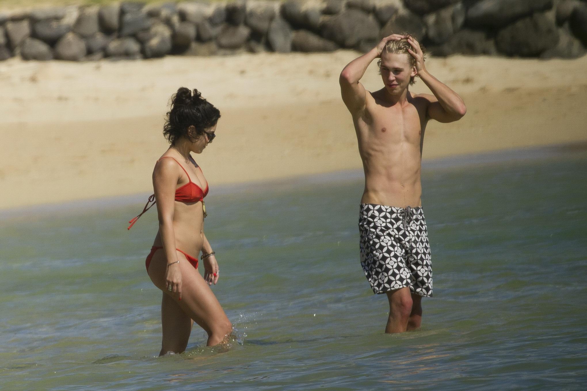 Vanessa Hudgens in sexy red bikini making out with her boyfriend on a Hawaiian b #75275760