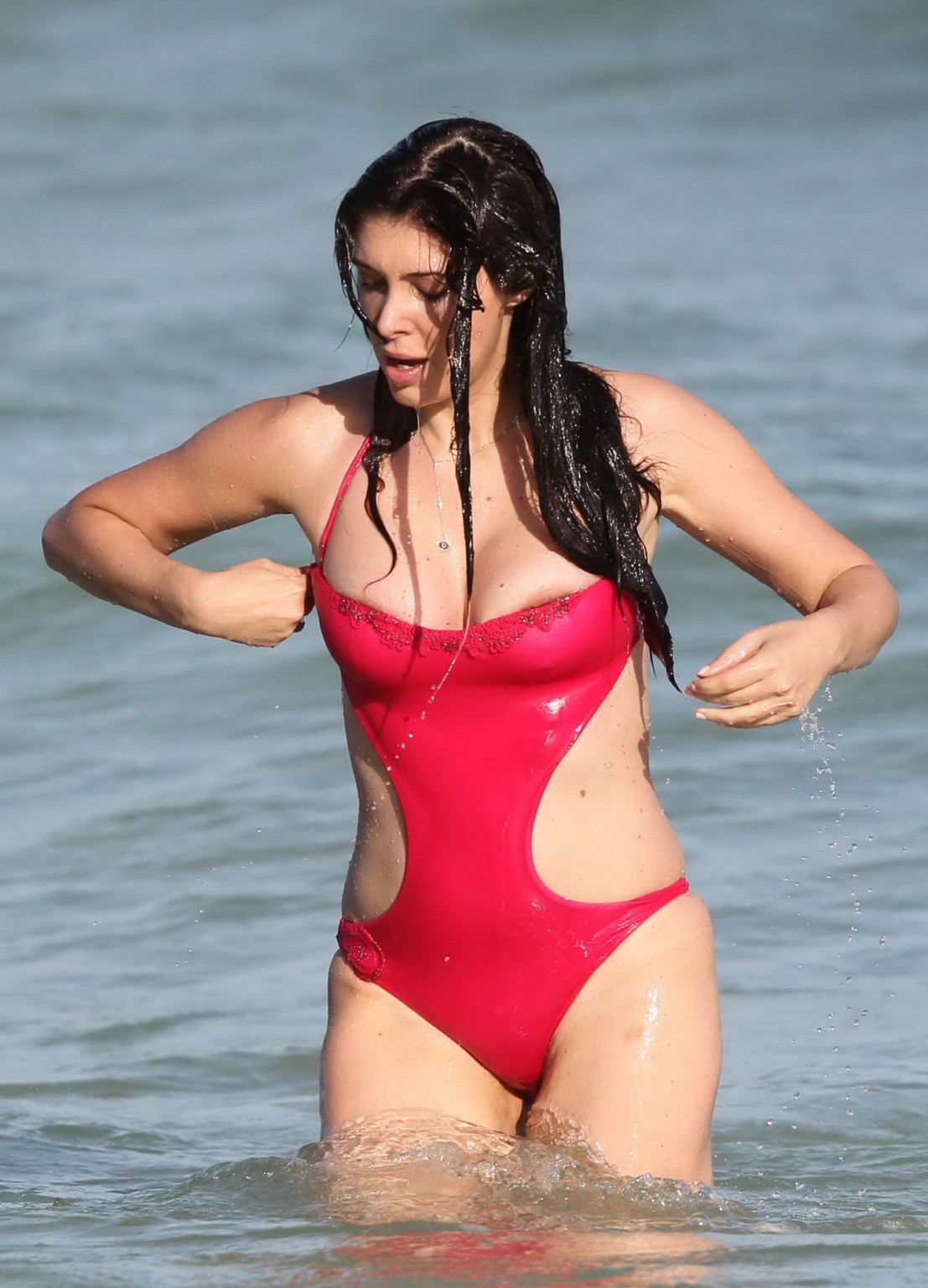 Brittny Gastineau nipple slip in red swimsuit at the beach #75148143