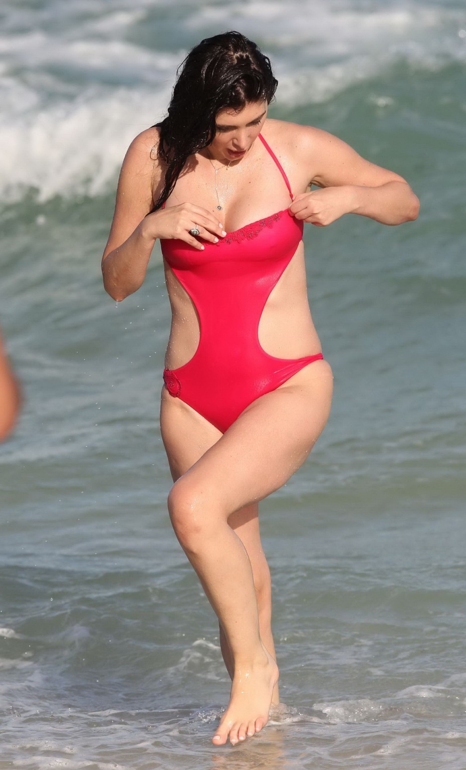Brittny Gastineau nipple slip in red swimsuit at the beach #75148198