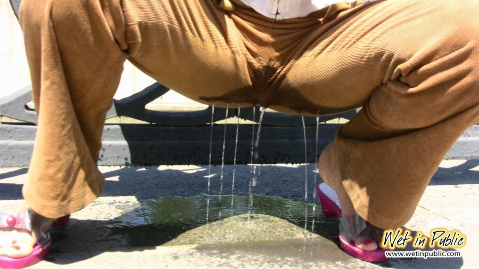 Desperate gal pees through her velvet pants on a city river embankment #73238623