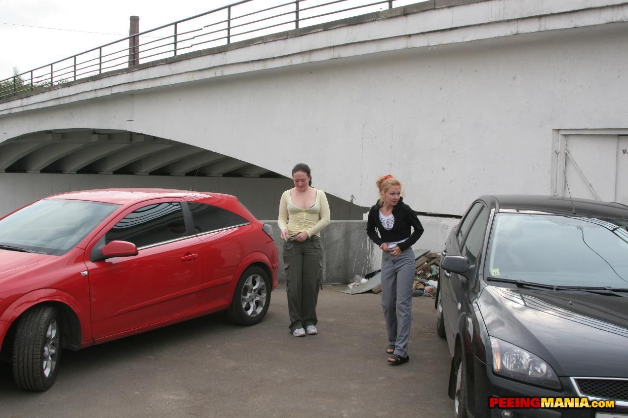 Un couple de filles accroupies vide sa vessie parmi les voitures.
 #76562281