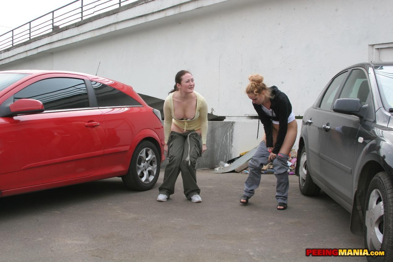 A couple of nasty squatted gals empty their bladders among the cars #76562287