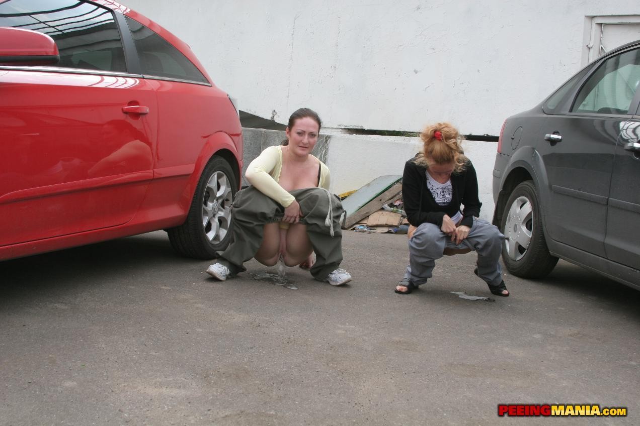 A couple of nasty squatted gals empty their bladders among the cars #76562309