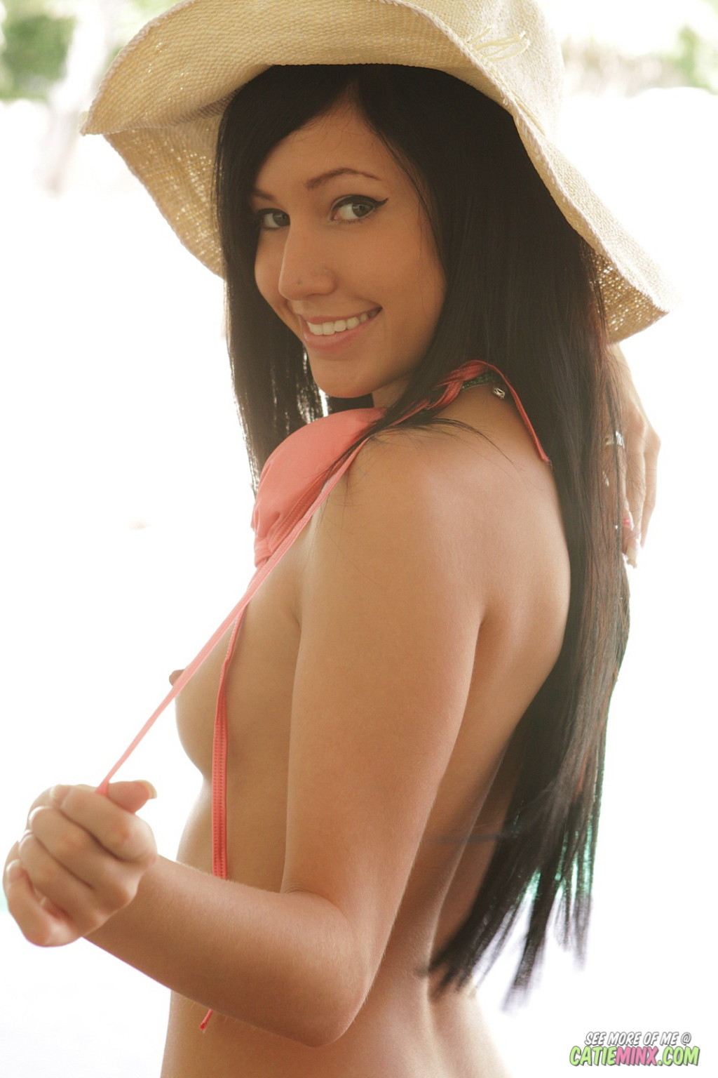teen Catie Minx in a big floppy sun hat and pink bikini strips nude showing her  #70069582