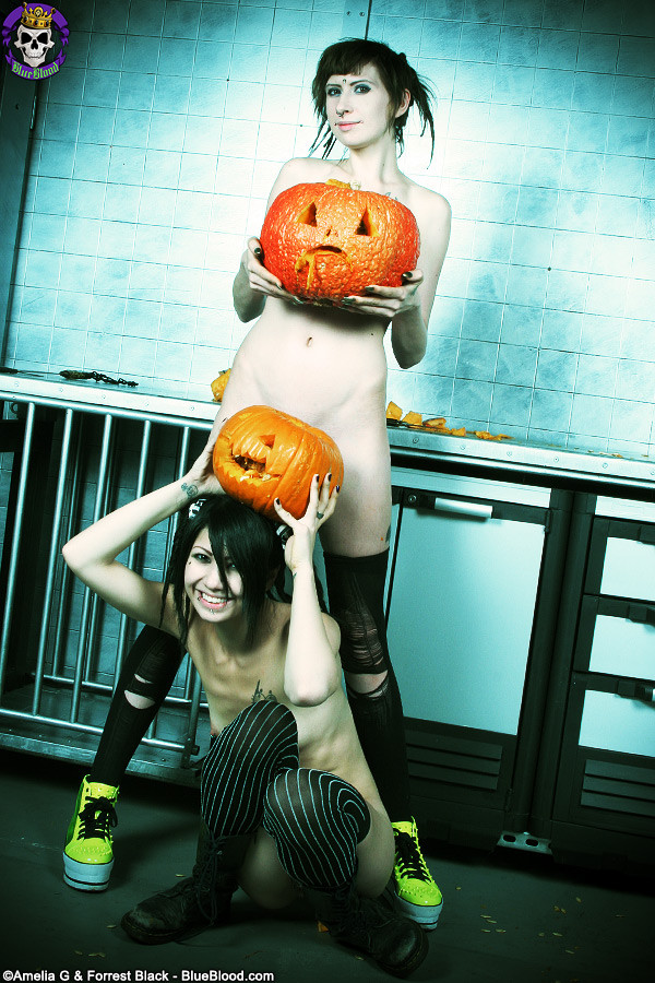 Hot petite naked Emo Goth girls carving pumpkins together #67446057