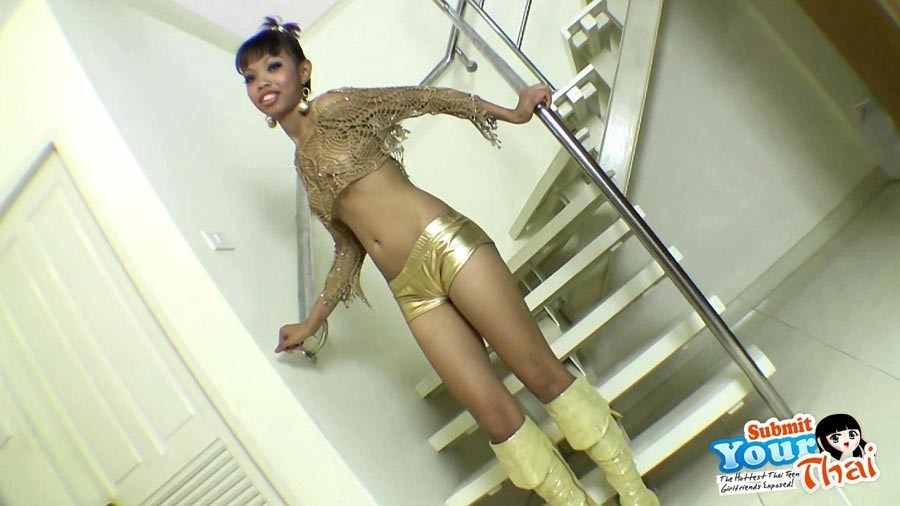 Sexy Tay is all dressed in Gold and poses on the stairs #68264440