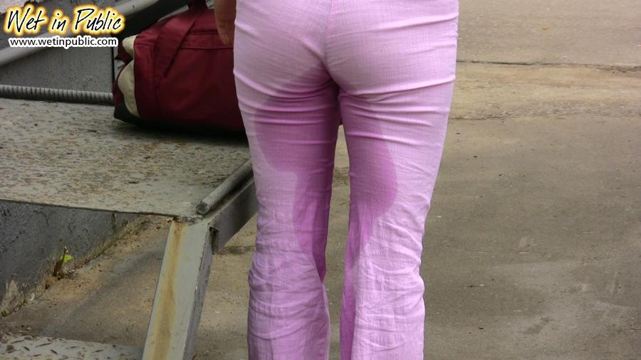 Very tight and urine-soppy pink jeans of a short-haired street pisser #73241388