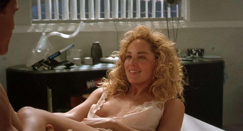 Sharon Stone get her tits slip out from nightgown and downblouse in movie #75336808