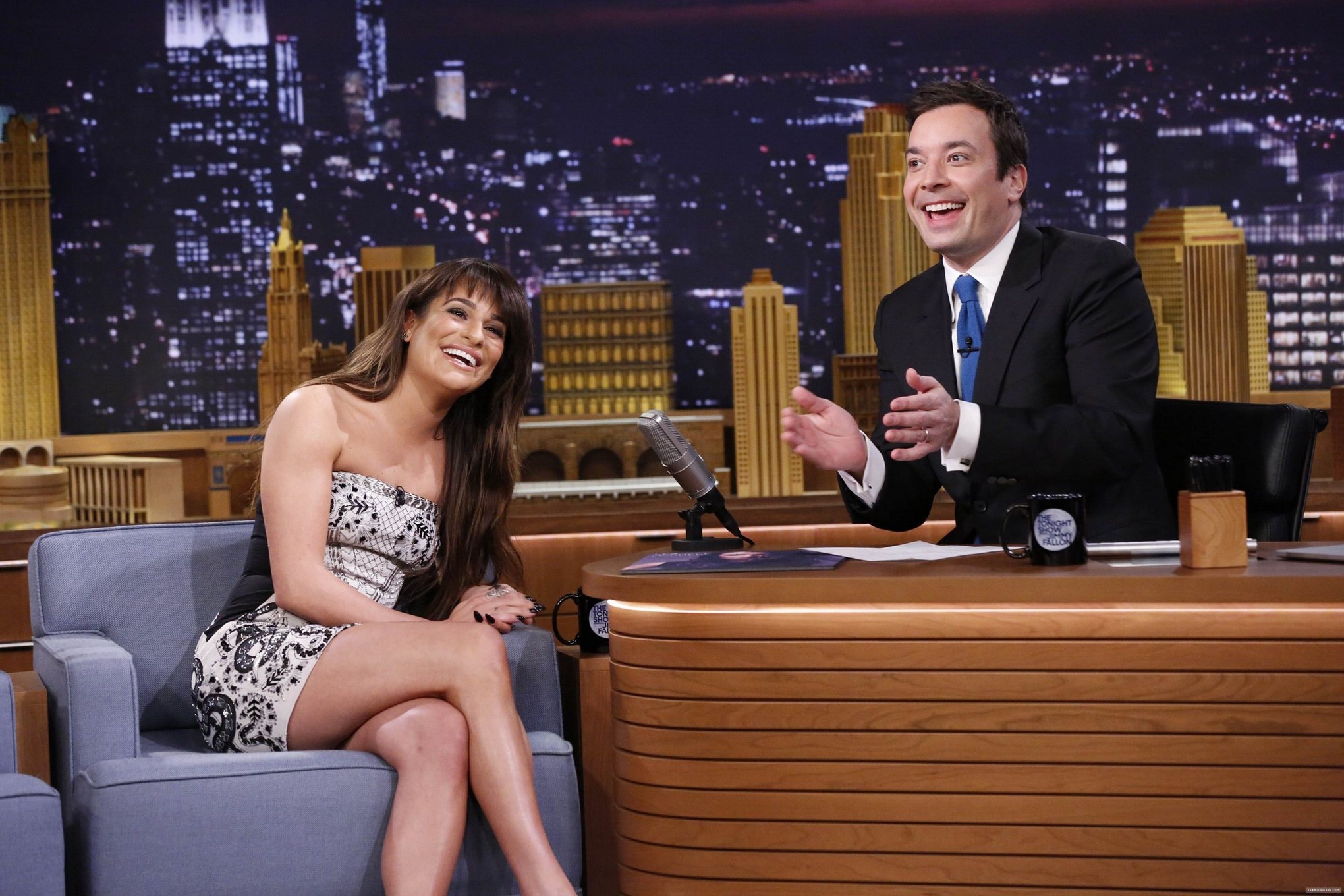 Lea Michele leggy wearing tube mini dress at the Late Night with Jimmy Fallon in #75203016