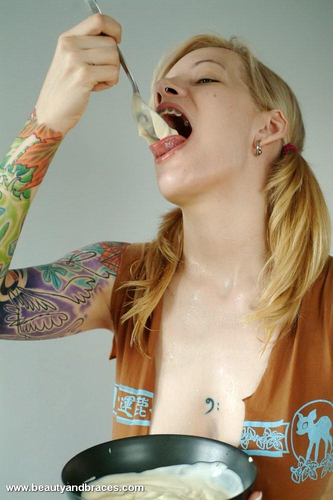 Pigtailed blonde teen with sexy braces gets messy with pudding #73809776