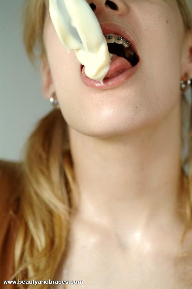 Pigtailed blonde teen with sexy braces gets messy with pudding #73809795