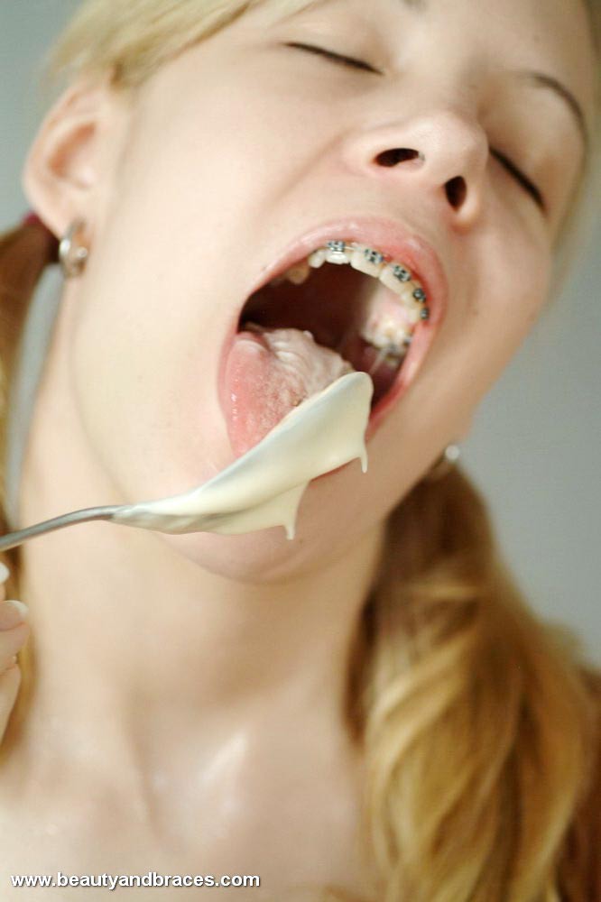 Pigtailed blonde teen with sexy braces gets messy with pudding #73809800