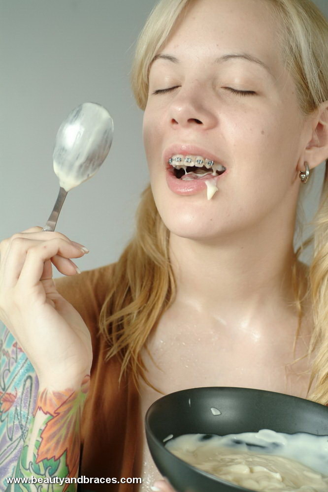 Pigtailed blonde teen with sexy braces gets messy with pudding #73809812