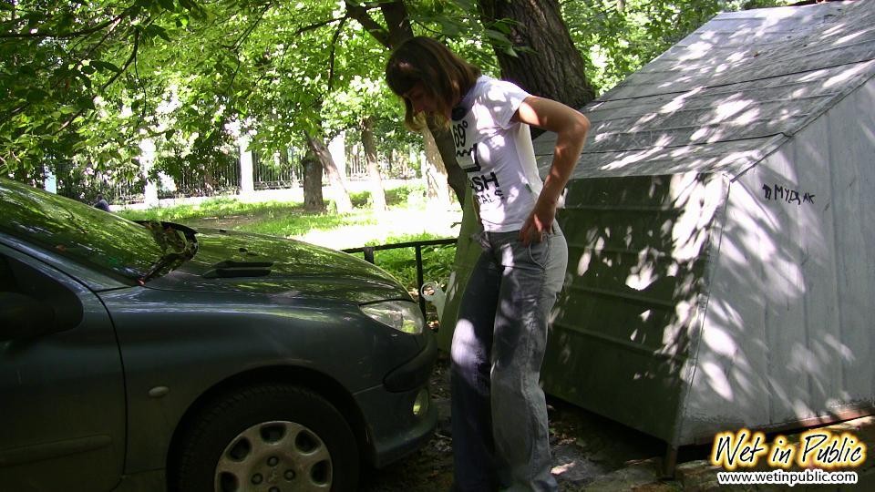 Wet outdoor jeans of a bunny who needed to do a pee and did it #76538849