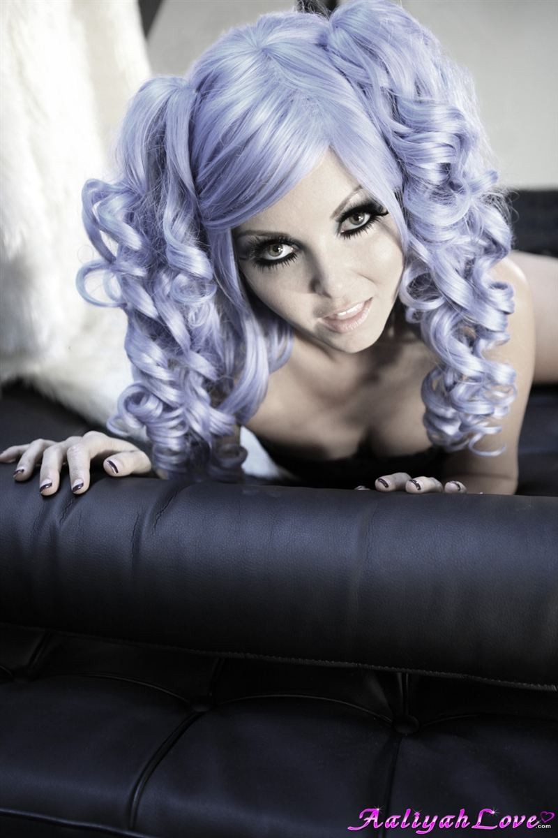 Aaliyah Love poses in a purple wig and sheer stockings #76508911