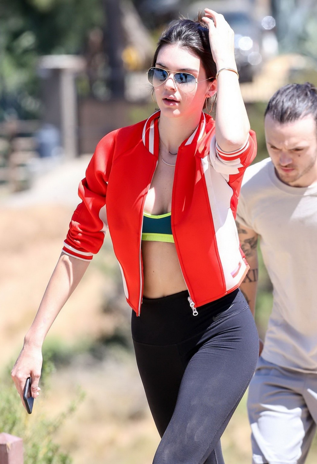 Kendall Jenner wearing tiny sports bra and tights while hiking in Malibu #75168037