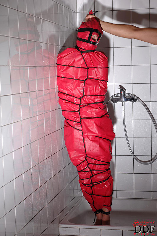 Miho lechter atada en plástico en el baño cubierto de agua
 #71987987