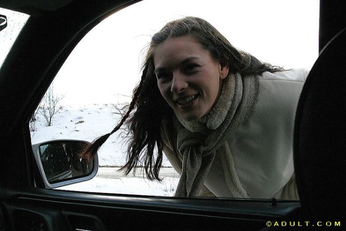 teen hitchhiker flashes her perfect smile #74994421