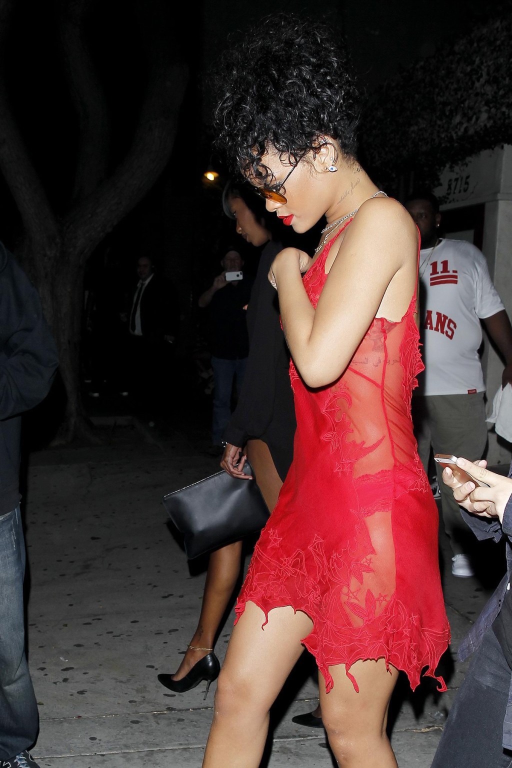 Rihanna shows off her boobs wearing a red see through dress at Hooray Henrys in  #75191824