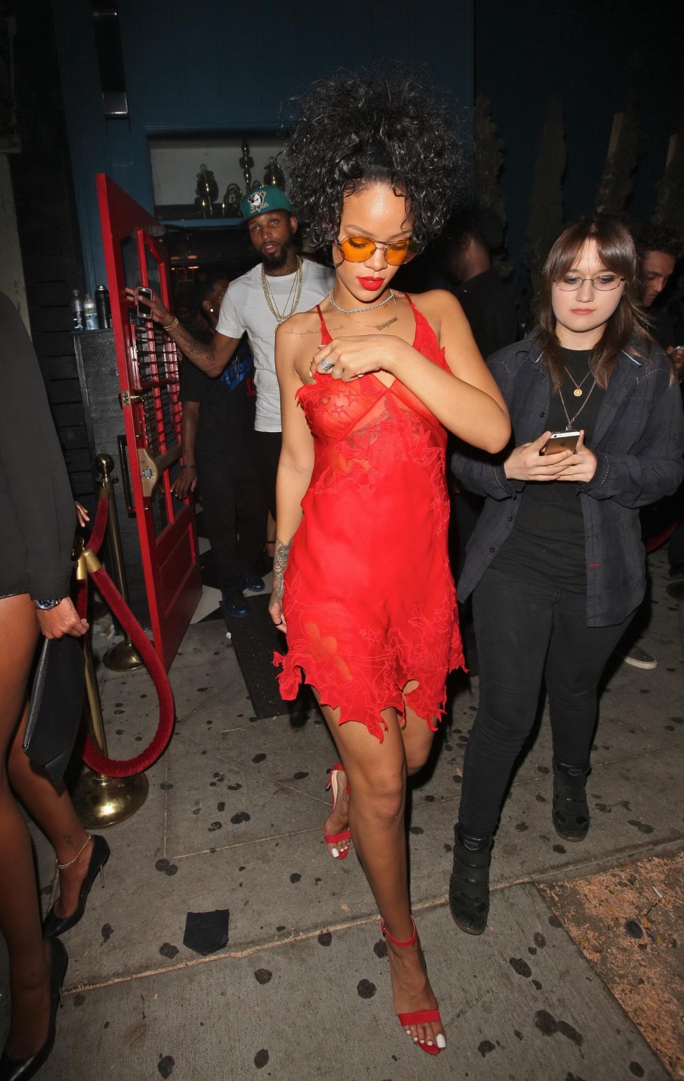 Rihanna shows off her boobs wearing a red see through dress at Hooray Henrys in  #75191881