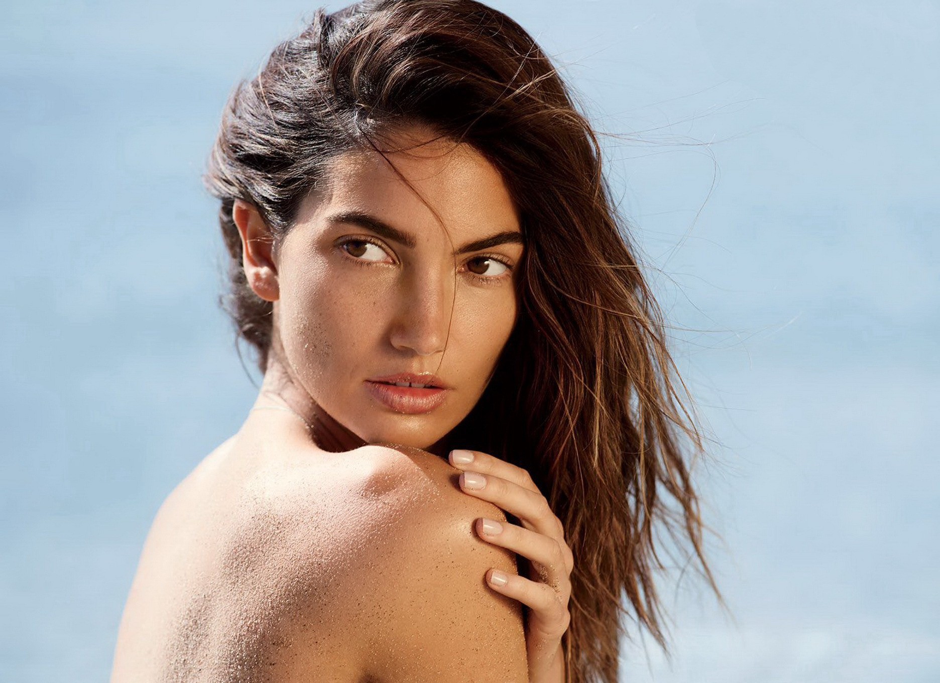 Lily Aldridge topless but hiding at the beach during a photoshot by Gilles Bensi #75168086