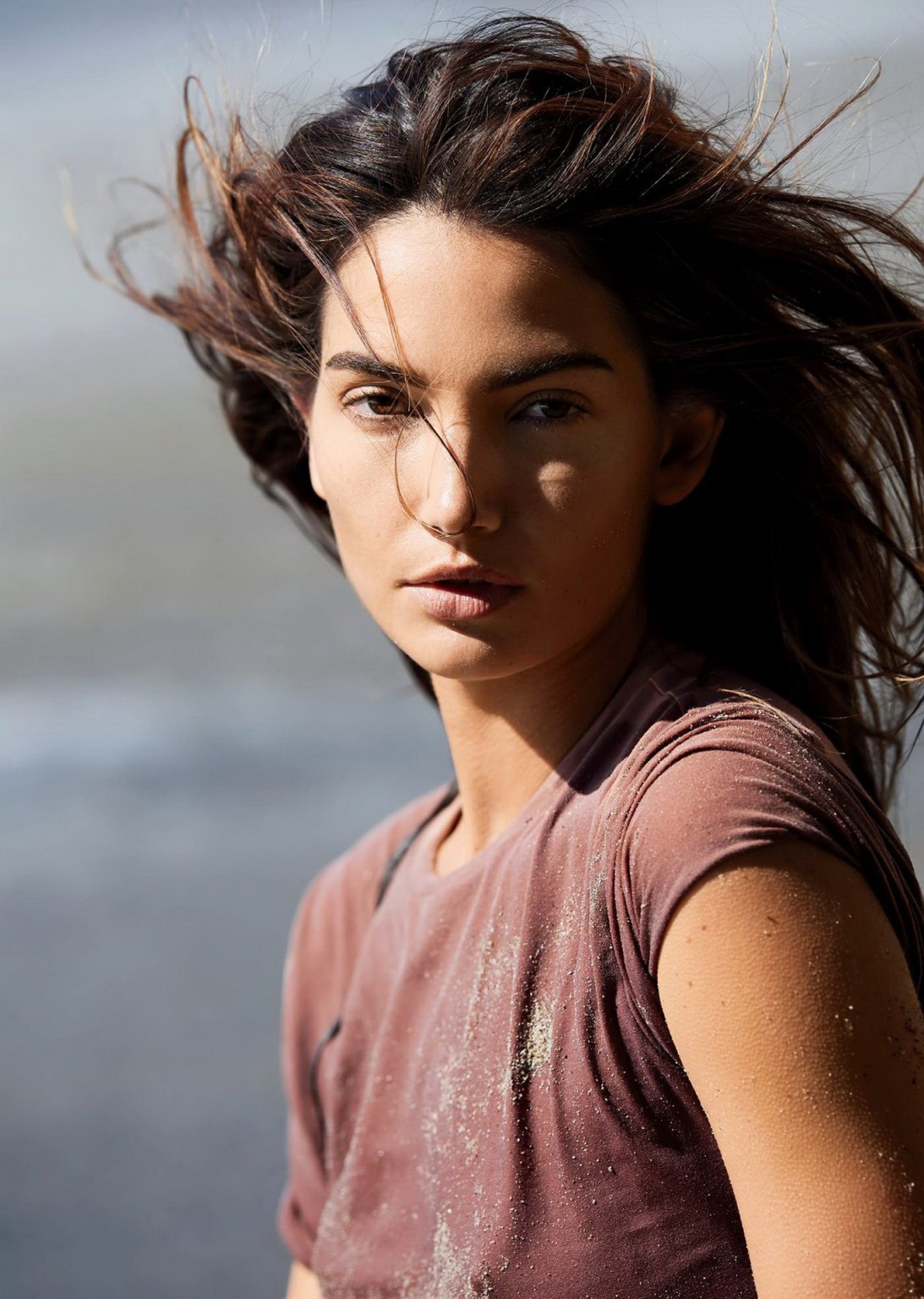 Lily Aldridge topless but hiding at the beach during a photoshot by Gilles Bensi #75168088