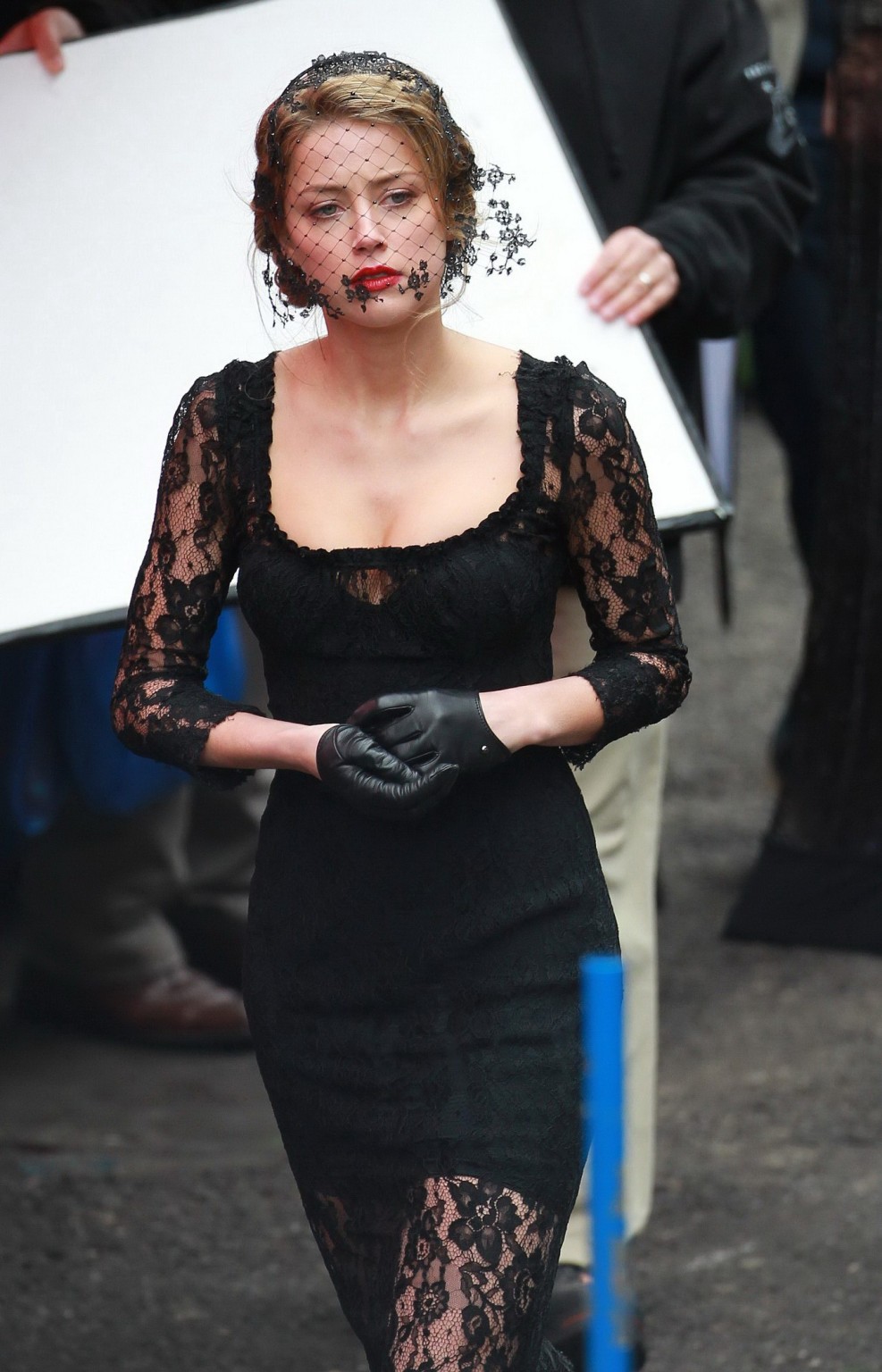 Amber Heard busty wearing a black lace dress on the set of 'London Fields' in Lo #75218437