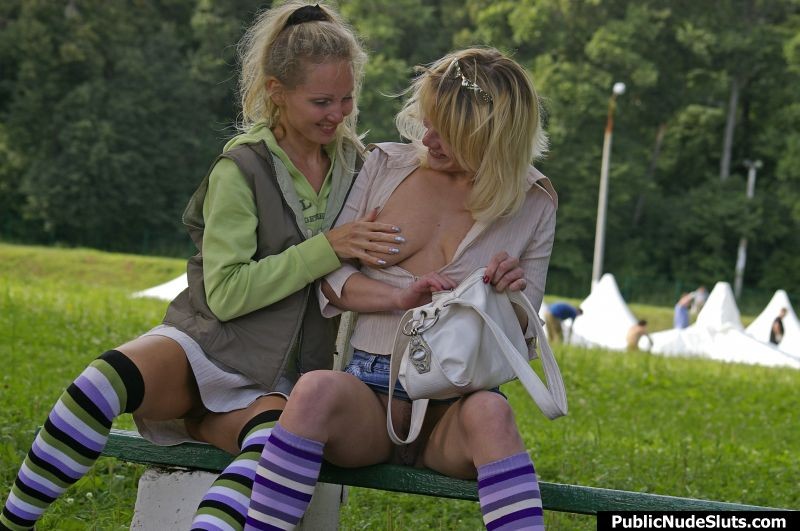 Pair of blonde lesbians playing the sizzling vibro games in the park #76742450