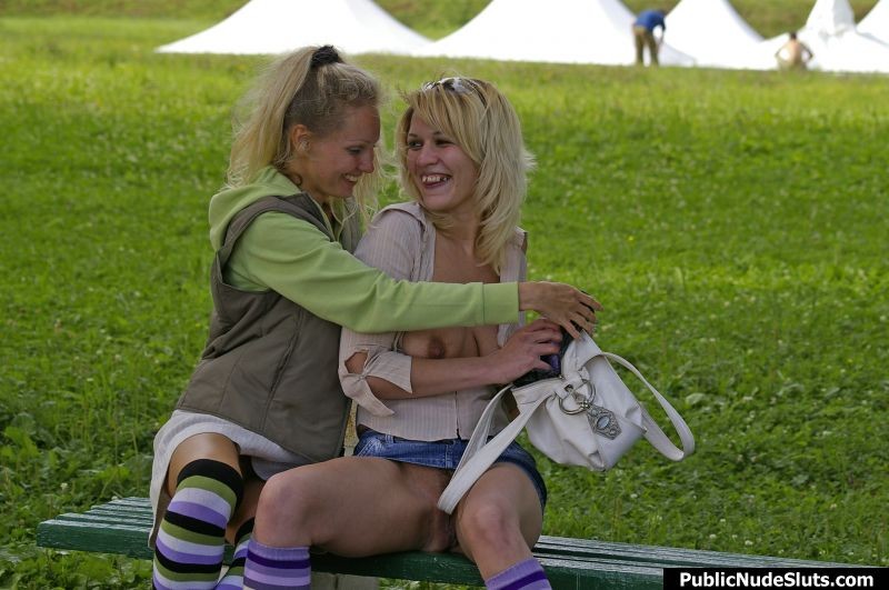 Pair of blonde lesbians playing the sizzling vibro games in the park #76742457